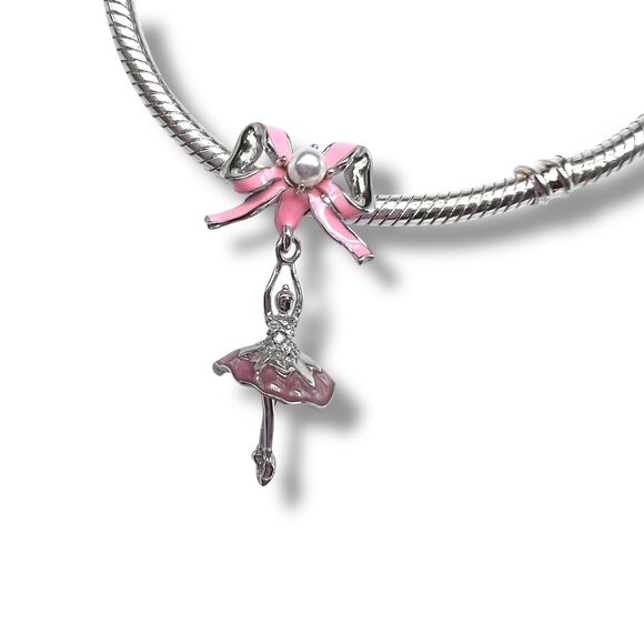 Pink Bow & Ballerina S925 Sterling Silver Pandora Moments Compatible Charm - Picture 1 of 12
